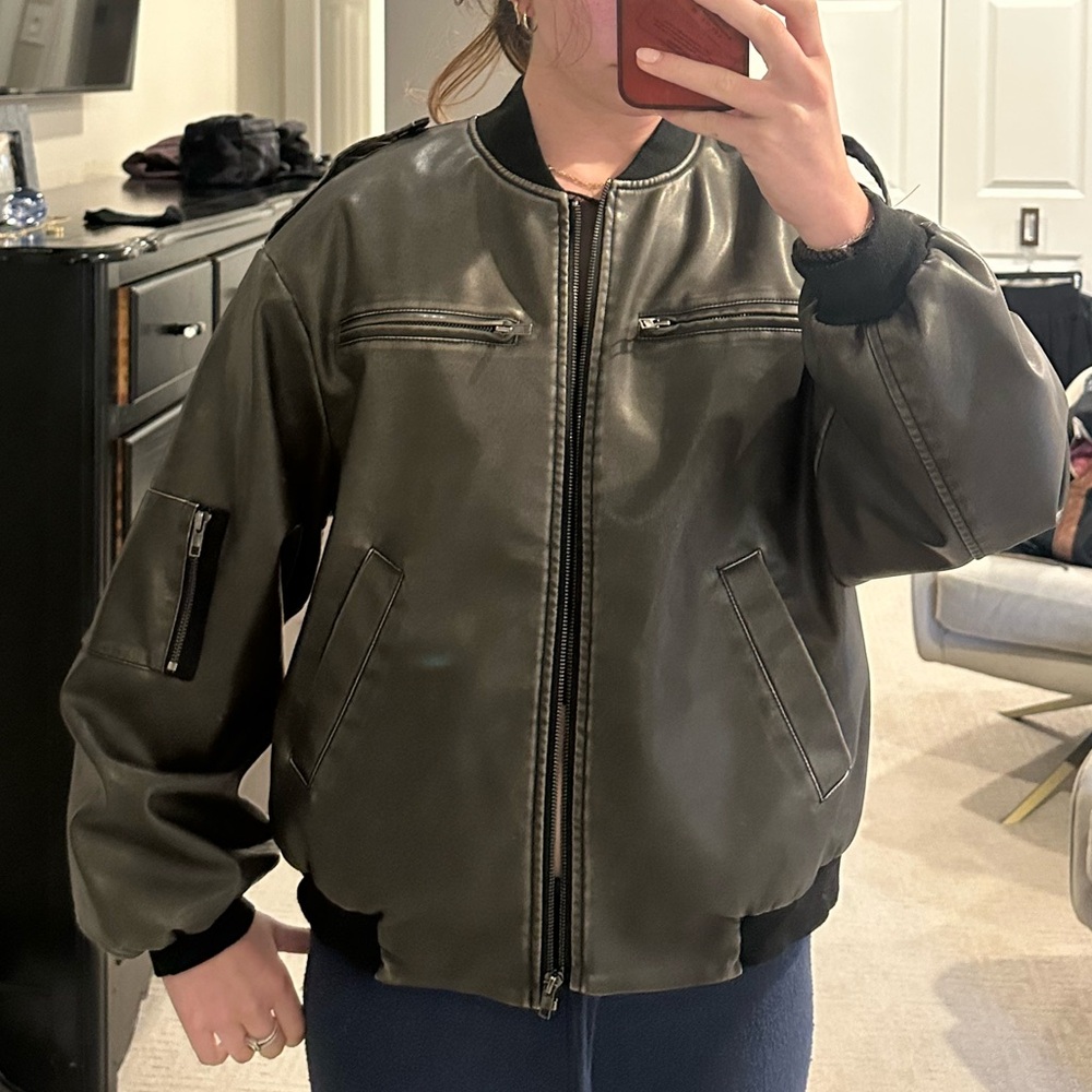 Edikted Grey Bomber Leather Jacket